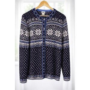 L. L. Bean Fair Isle Button Cardigan Knit Sweater Nordic Black Blue Size Large‎